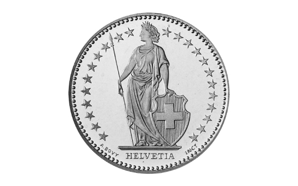 Helvetia en una moneda de 2 francos