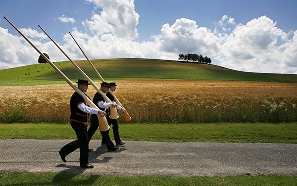 Trois hommes portant leur cor des Alpes marchent sur une route de campagne.