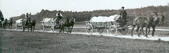 Black and white photo of cheese being transported by horse and cart.