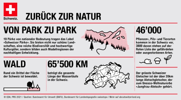 Infografik zur Schweiz. 19 Nationalparks. Ein Drittel der Gesamtfläche der Schweiz besteht aus Wald. Der Aletschgletscher zählt zum UNESCO-Weltnaturerbe.
