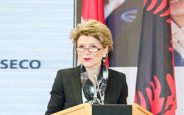State Secretary Marie-Gabrielle Ineichen-Fleisch addressing the launch of the cooperation strategy in Albania, March 7th, 2018