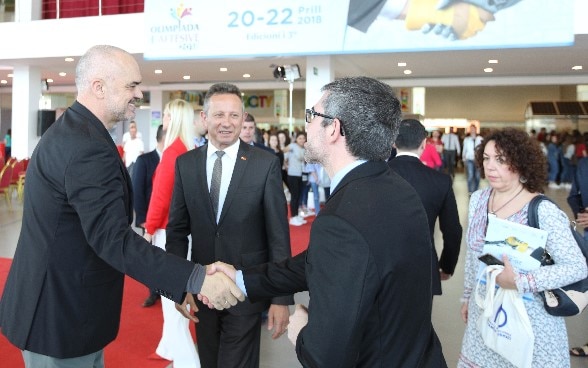 Albania's PM Edi Rama with Swiss Ambassador Christoph Graf at the national skills fair in Tirana, 20 April 2018. 