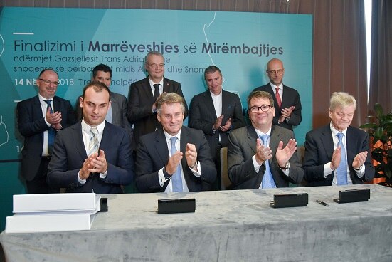 The signing of TAP maintenance agreement where Swiss Ambassador Adrian Maître (2nd row, centre) attended, Tirana, 14.11.2018.