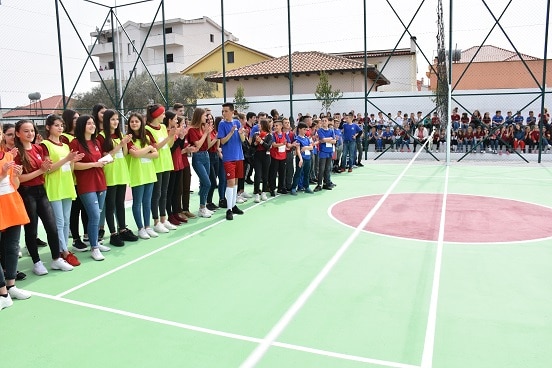Students at primary school in Shijak, Albania, during the inauguration of the new sports field. 