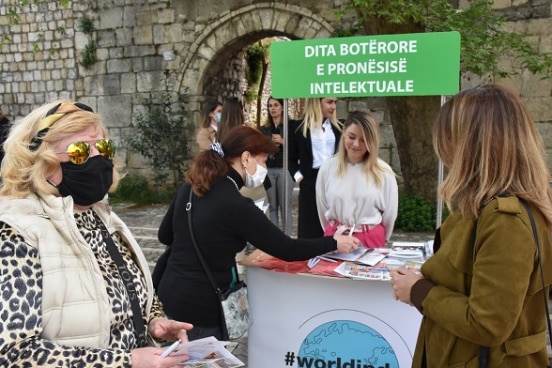 Citizens receiving information on intellectual property on World Intellectual Property Day, 26 April 2021, Tirana, Albania. 