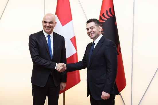 Swiss Federal Councillor Alain Berset with Albania's Deputy Prime Minister Arben Ahmetaj. 
