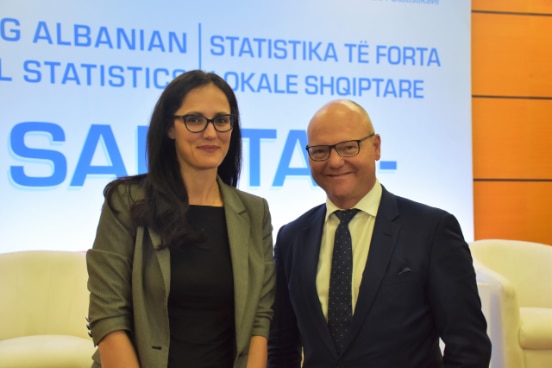 Director of Albania's Insitute of Statistics Delina Ibrahimaj with the Director of the Swiss Federal Office of Statistics Georges-Simon Ulrich at the launching of the new project for improving local registers. 