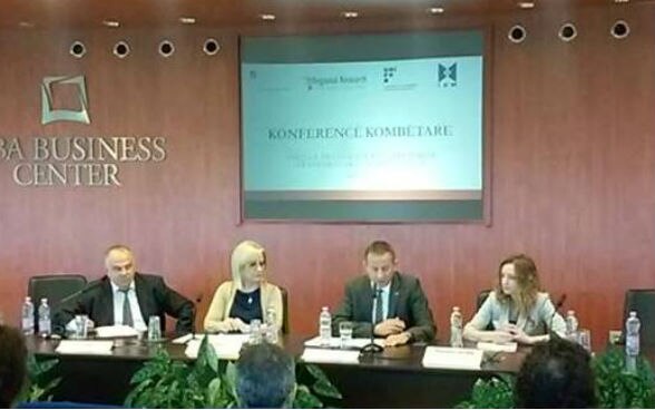 Swiss Ambassador Christoph Graf with Minister of Education Lindita Nikolla during the conference today in Tirana Albania. 