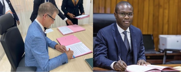 Le Ministre d’Etat, Ministre de l’Economie et des Finances, M. Romuald Wadagni et le Chef de coopération internationale a.i. de la Suisse au Bénin, M. Björn Schranz paraphant l’accord de financement du Programme d’Appui aux Initiatives dans le secteur de l’Elevage et à la cohésion sociale (PAIE-COSO) 