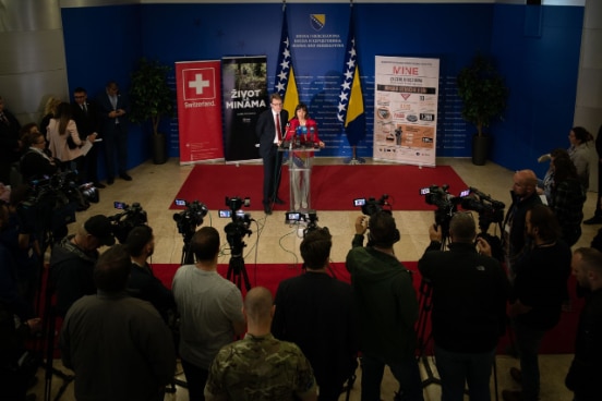 The Ambassador Andrea Rauber Saxer during the ceremony on the occasion of the International Mine Awarness Day in the BiH Parliament