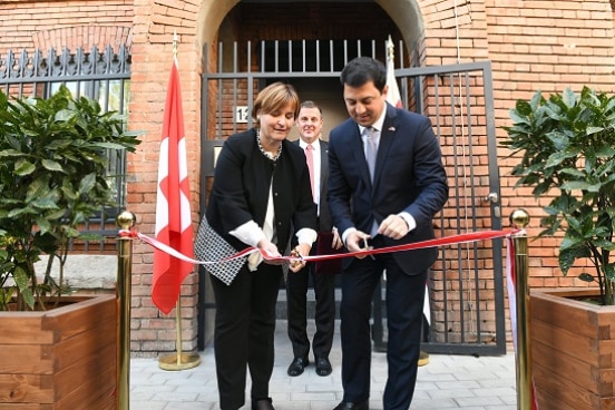 The President of the Swiss Parliament and the Chairperson of the Georgian Parliament cut the ribbon in front of the new Embassy Building