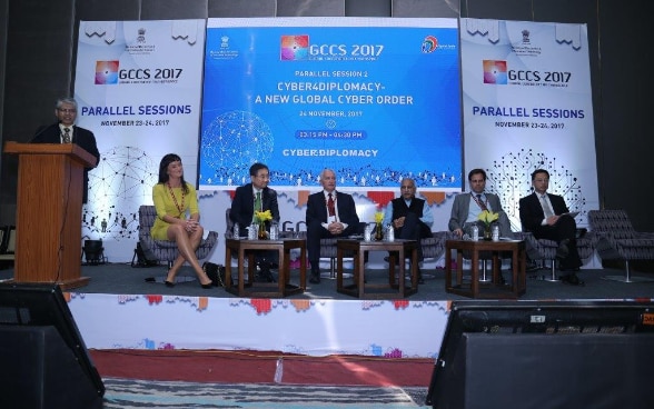 A panel at the GCCS 2017. (L-R): Ms. Sophie Lohde, Minister, Public Sector Innovation, Denmark; Mr. Hyun Cho, Vice Minister, Ministry of Foreign Affairs of Republic of Korea; Dr. Istvan Mikola, State Secretary, Ministry of Foreign Affairs and Trade of Hungary; Mr. M.J. Akbar, Minister of State, Ministry of External Affairs, Govt. of India; Mr. Frank Grutter, Ambassador, Swiss Federal Department of Foreign Affairs; Mr. Long Zhou, Ambassador, Ministry of Foreign Affairs of China. The panel was moderated by Mr. Asoke Kumar Mukerji, Former Diplomat, Government of India.