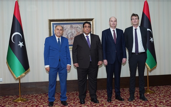 Director of the European Affairs Department at Ministry of Foreign Affairs, Mohamed Al-Maghur, Chairman of the Presidential Council of Libya, Mohamed Almenfi, Ambassador of Switzerland to Libya, Josef Renggli, and Libya Human Security Advisor, Jonas Geith
