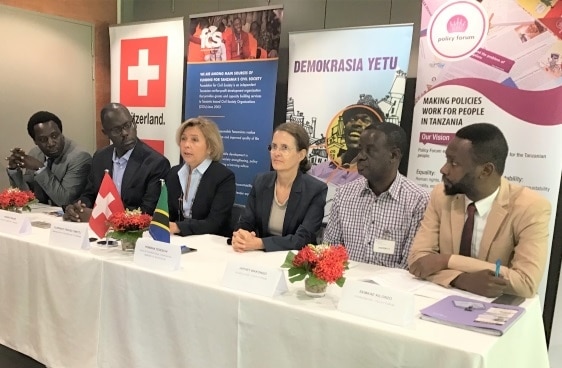 From L - R: FCS Executive Director, Francis Kiwanga; Twaweza Executive Director, Aidan Eyakuze; Ambassador Florence Tinguely Mattli; Swiss Head of Cooperation, Romana Tedeschi; Policy Forum Board Chair Japhet Makongo and Policy Forum Coordinator, Semkae Kilonzo