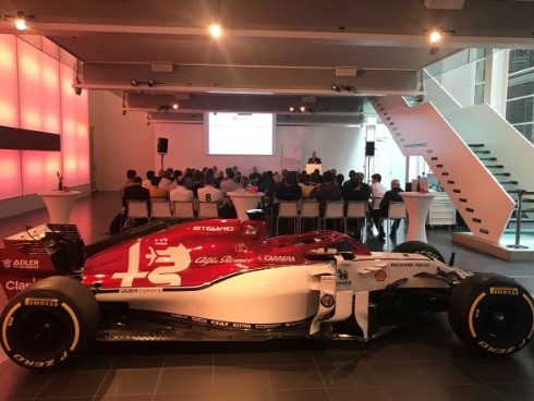 F1 racing car on display at Sauber Group Headquarters in Switzerland