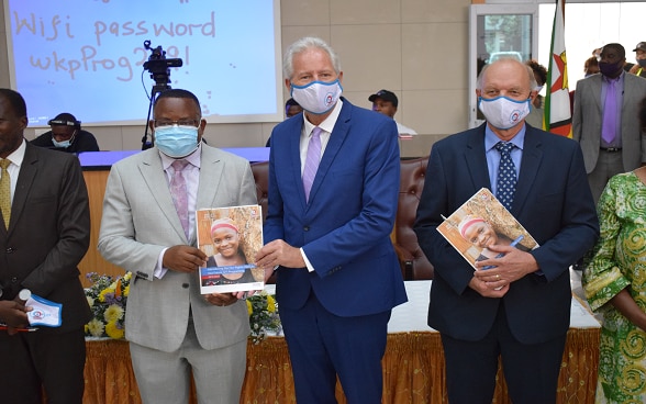 From left: Zimbabwe’s Minister of Public Service and Social Welfare, Honourable Professor Paul Mavima; the Regional Director for UNESCO, Professor Hubert Gijzen and Swiss Agency for Development and Cooperation (SDC) Regional Director, Mr. Manuel Thurnhofer. 