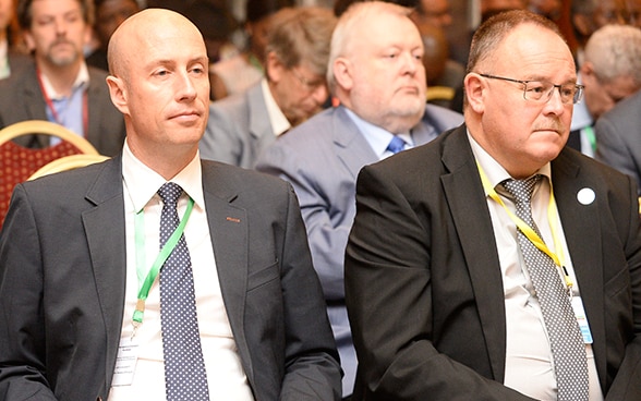 Ambassador Michael Gerber (left) next to Luxembourg’s Minister for Development Cooperation and Humanitarian Affairs, Romain Schneider, at the Financing for Development Conference in Addis Ababa.