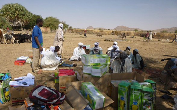 Farmers in the Ennedi region in Chad receiving motor-driven pumps which will be used to build weirs.