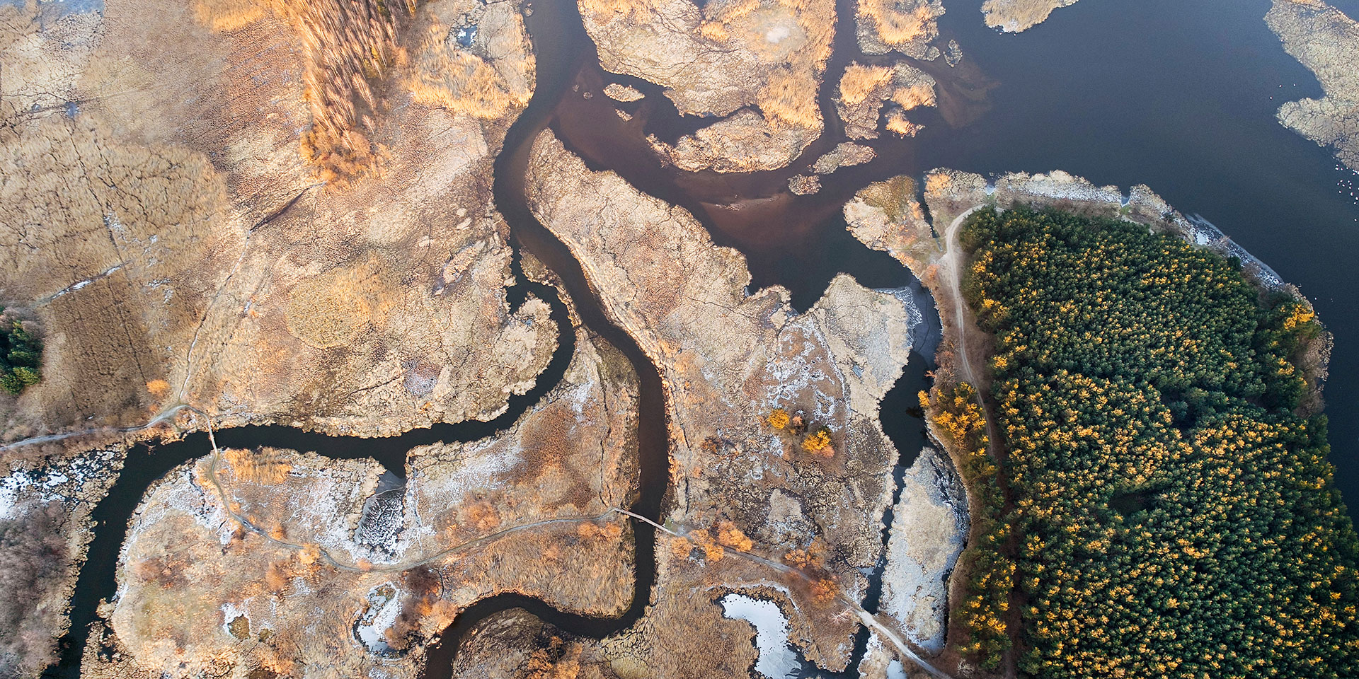 Vue du ciel d’un fleuve et de ses différents bras.