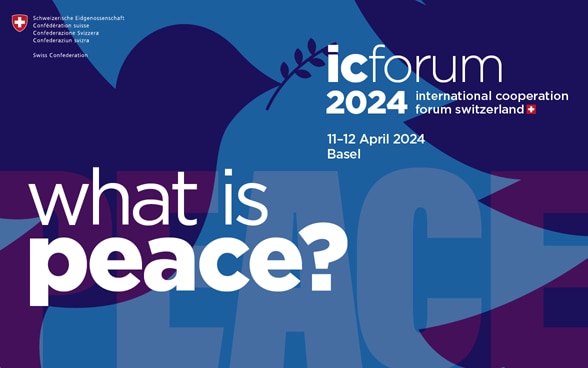 Banner con il logo dell’IC Forum 2024 e un testo con il tema di quest’anno: «What is peace?». Sullo sfondo c’è una colomba che tiene un ramo d’ulivo nel becco.