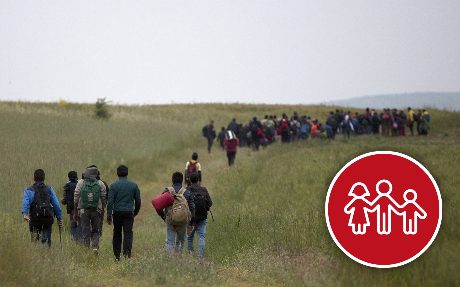 Eine Gruppe von Flüchtlingen wandert in einem von dichtem Gras bewachsenen Feld.