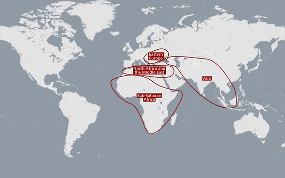 The FDFA's development cooperation work will focus on four priority regions.