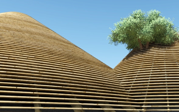 Zwei Pyramiden aus Holzlatten. Aus der Spitze einer der Pyramiden ragt eine Baumkrone. 