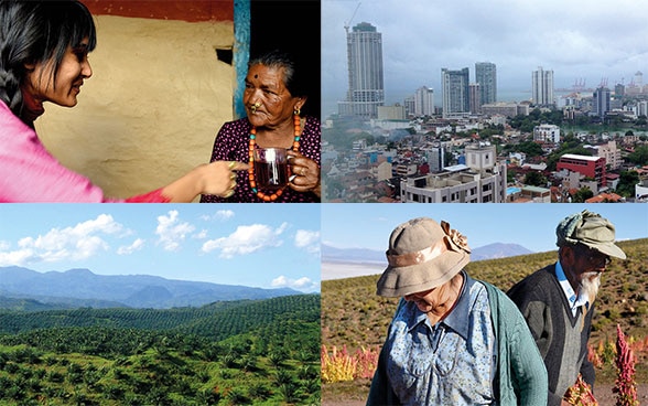 Two elderly ladies, a hilly landscape and a big city