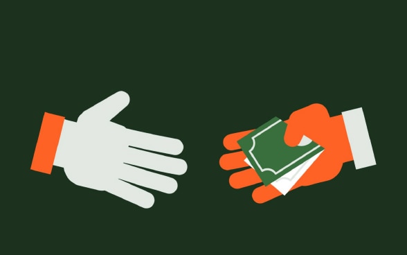 Grafik: Zwei Hände treffen sich von links und rechts zu einem Händedruck, wobei die eine Hand einen zusammengefalteten Geldschein festhält.
