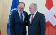 World Bank President Jim Yong Kim and Federal Councillor Johann N. Schneider-Amman at the conference to commemorate 25 years of Swiss membership of the World Bank in August 2017 in Bern.