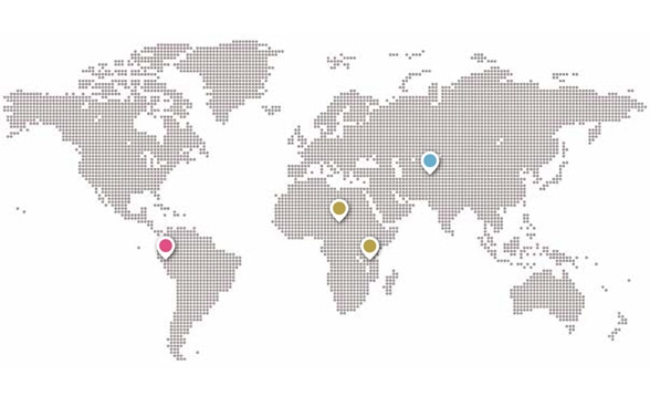 Weltkarte mit vier farbigen Punkten