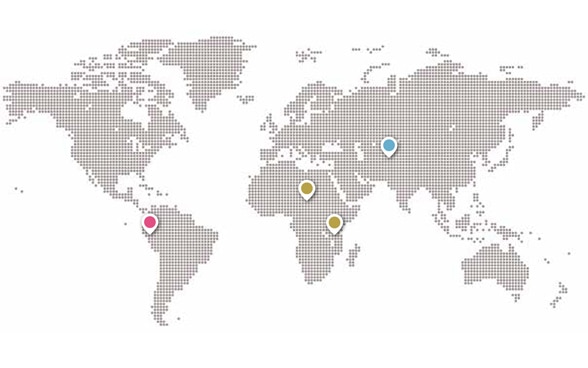 Worldmap with four coloured dots