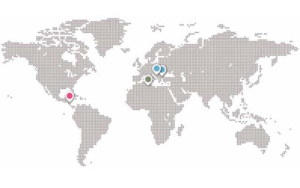 Weltkarte mit Punkten, die Einsatzgebiete der  DEZA markieren.