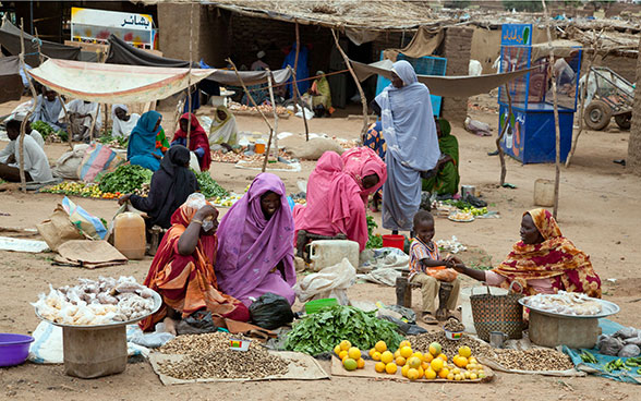 Scène de marché au Darfour, Soudan. 