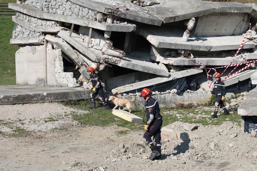 three Moroccan rescue workers and a dog in front of a destroyed building. 