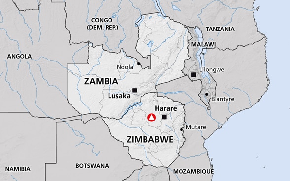 Map showing Zimbabwe and Zambia in Southern Africa.