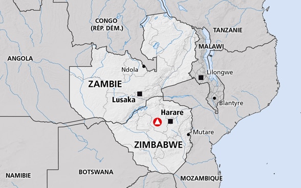 Carte géographique du Zimbabwe et de la Zambie, deux pays situés en Afrique australe.