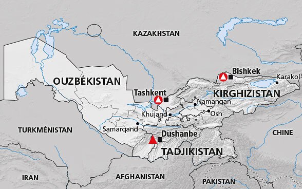 Carte de la région de l'Asie centrale (Kirghizistan, Tadjikistan, Ouzbékistan)