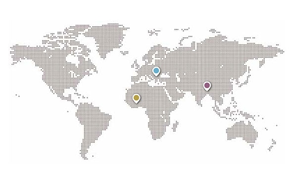 World map with dots indicating the regions where the SDC is active.