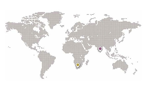 Weltkarte mit Punkten, die Einsatzgebiete der DEZA und des SECO markieren.