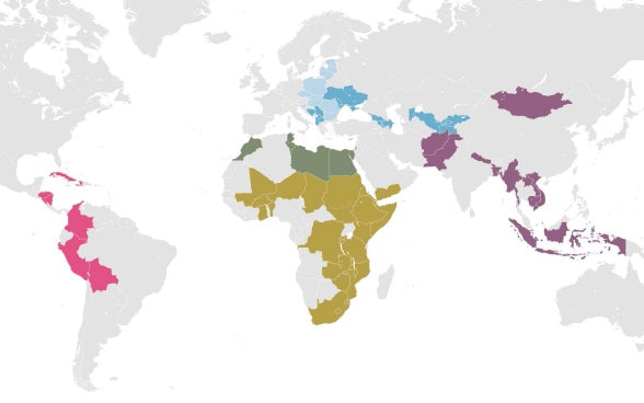 Weltkarte mit Regionen der DEZA und des SECO farbig eingefärbt