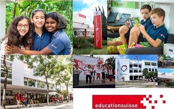 L’immagine mostra una serie di istantanee delle scuole svizzere all’estero. Si vedono facciate di edifici scolastici e bambini intenti a svolgere varie attività.
