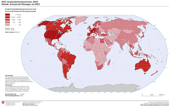 Am meisten Auslandschweizer und Auslandschweizerinnen leben in Europa (rote Färbung), gefolgt von den USA.