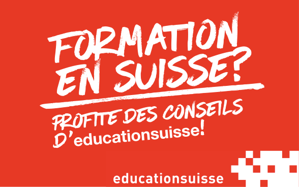 Logo, écrit en blanc sur rouge «formation en Suisse-profite des conseils d'éducation Suisse»