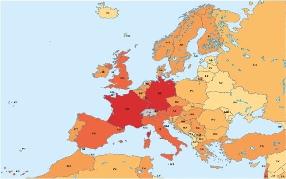 On this map of Europe, the individual countries are color-coded according to the number of Swiss citizens that reside in them.