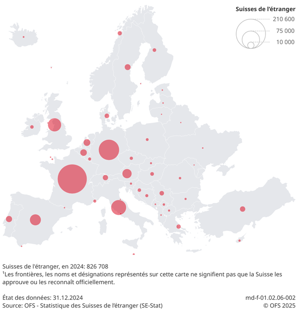 Les Suisses de l'étranger sont représentés sur une carte d l’Europe, classés par pays de résidence.