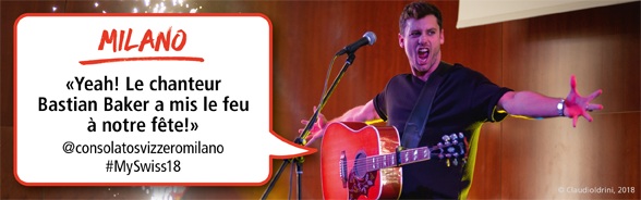 Bastian Baker lors d’un concert à Milan. Sur la photo figure l’adresse twitter@consolatosvizzeromilano, #MySwiss18.