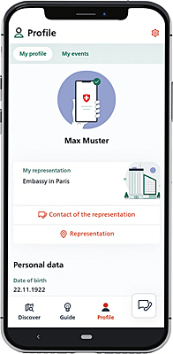 Das Bild zeigt ein Smartphone, auf dem die SwissInTouch App geöffnet ist, auf dem persönlichen Profil. 