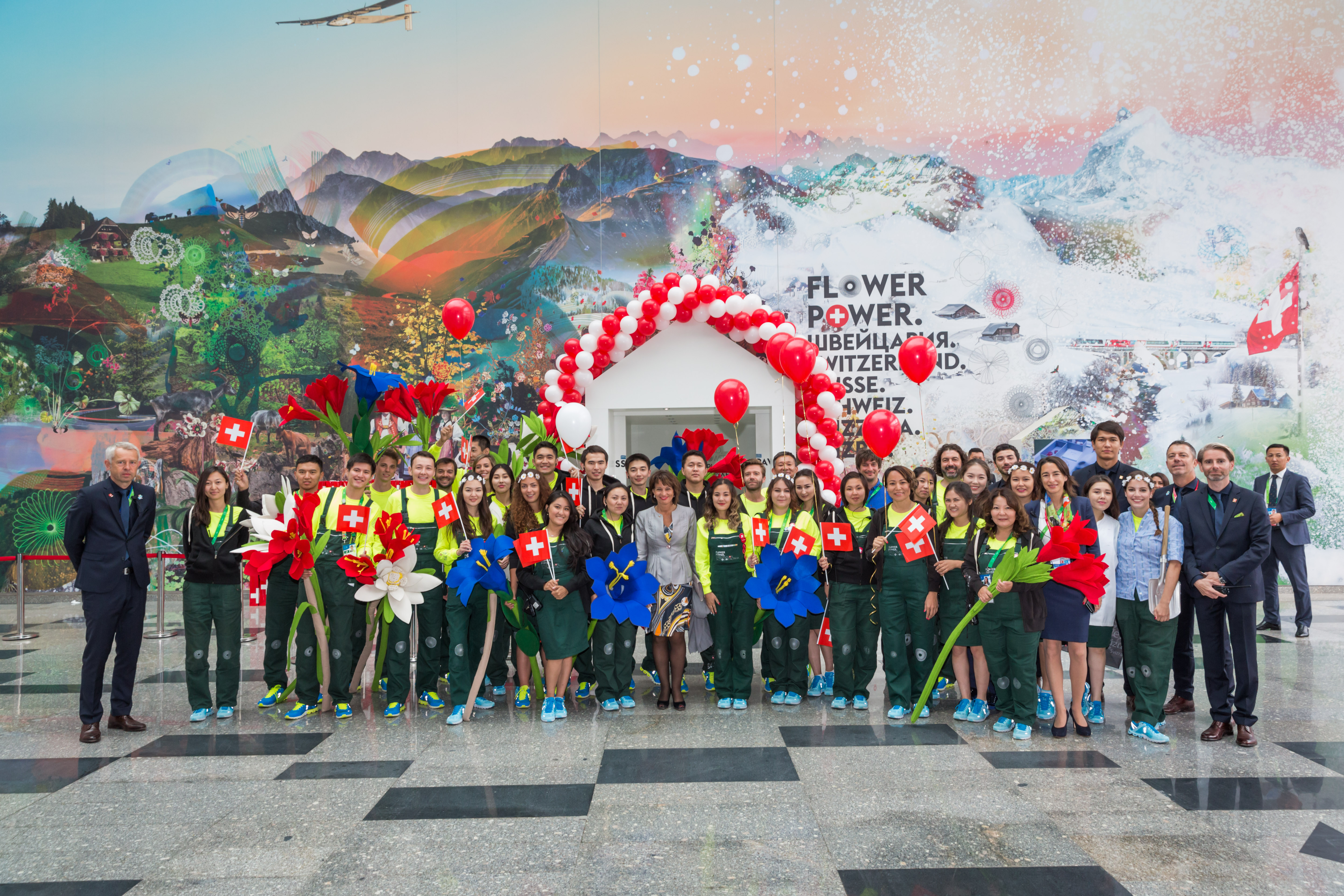 Nicolas Bideau, head of Presence Switzerland, and team members in front of the Swiss Pavilion at the Expo Astana 2017.