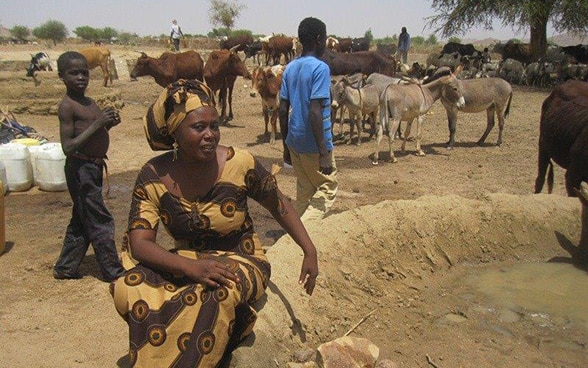 La tchadienne Rémadji Mani, chargée de projet à la DDC, visite le site où est engagé le projet sur la gestion des eaux de ruissellement dans le Tchad sahélien.